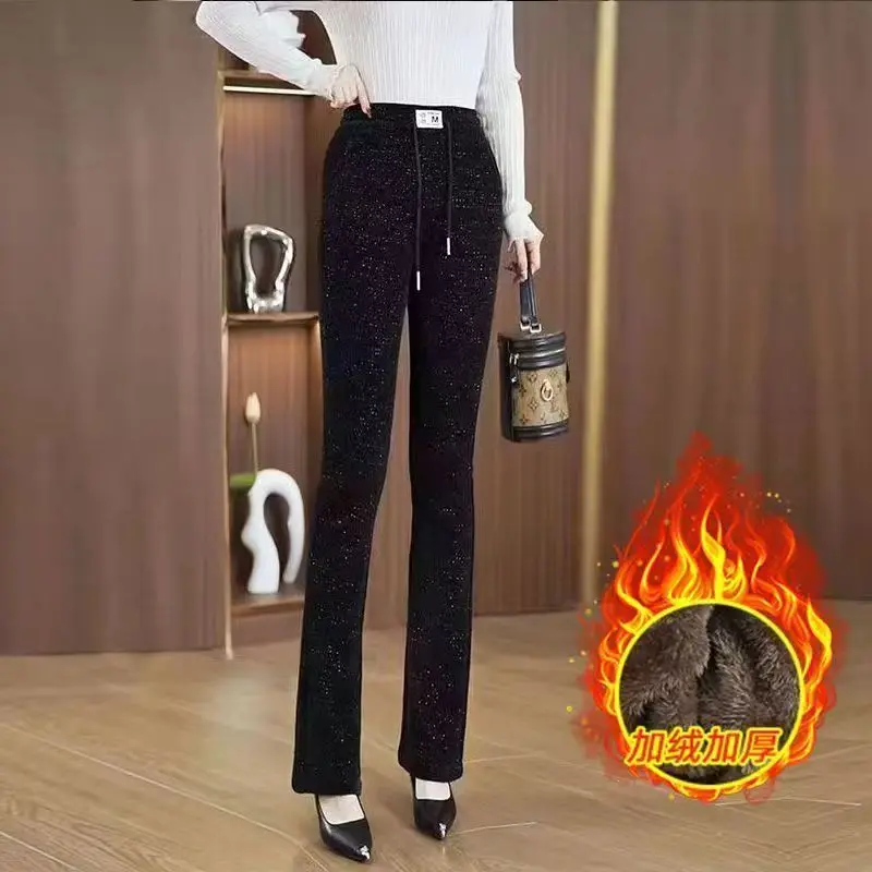 2025 Autumn Winter Women Fleece Flare Trousers Women's Plush Warm Pants Fashion Bling Korean Style Slim-fit Pants Casual Pants