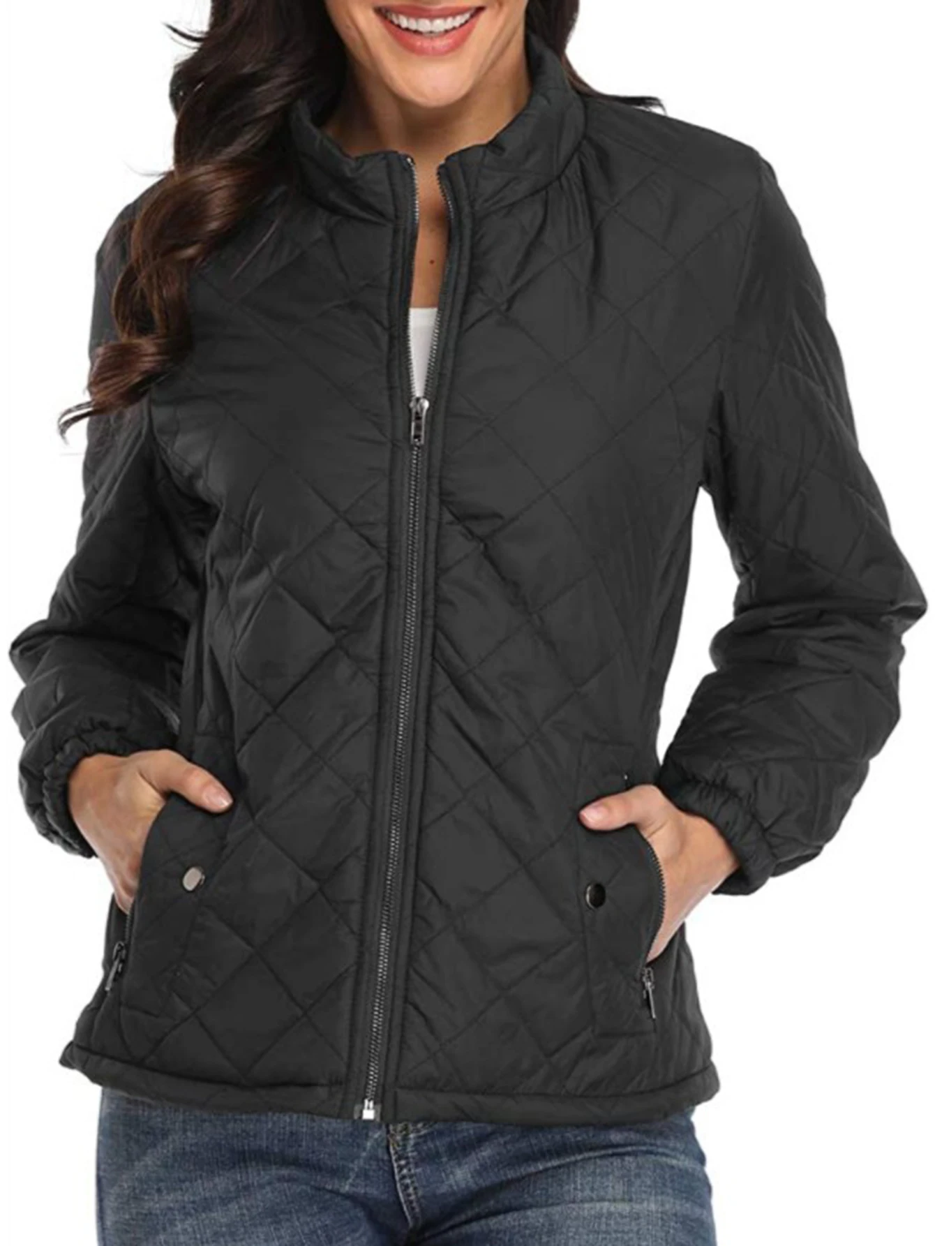 Casaco acolchoado feminino simples diário aberto frontal zíper manga longa gola casual outono inverno casaco com bolsos