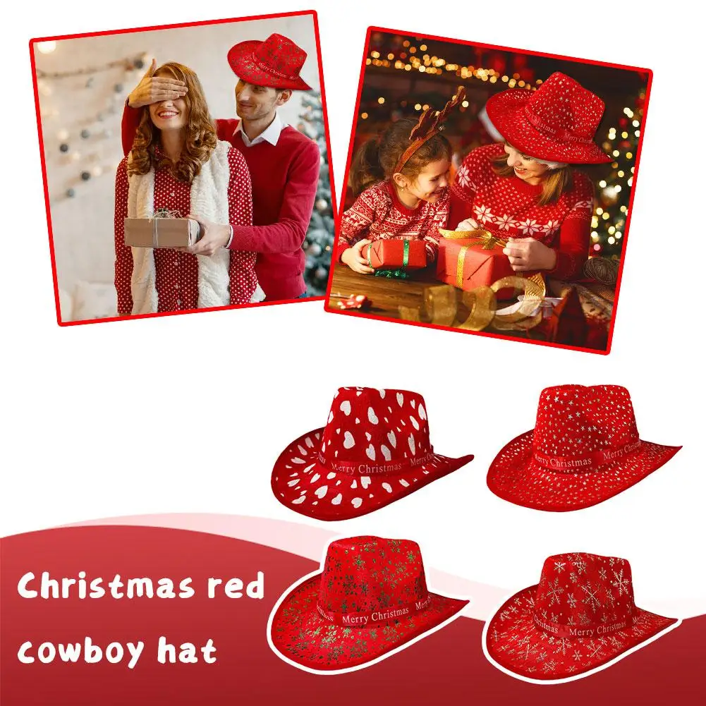 1pcs Christmas Red Cowboy Hat Santa Claus Eva Star Cowboy Snowflake Print Hat New Year Hat Holiday Celebration Unisex F8i7