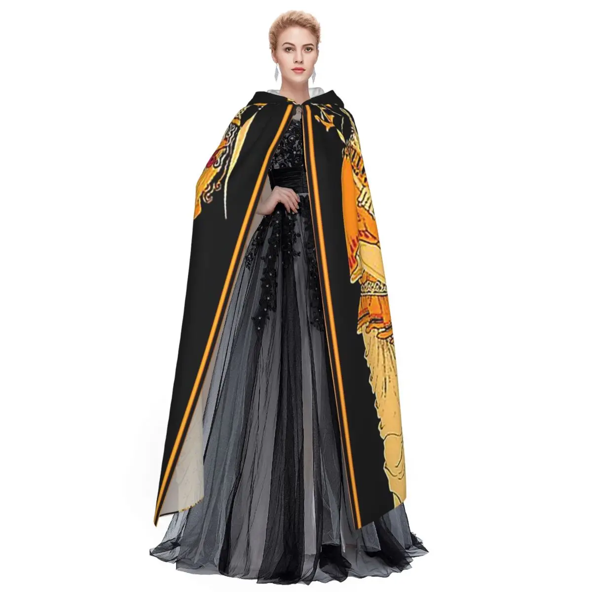 Poseidon And Athena Vintage Greek God And Goddess Print Long Hooded Cloak Witch Medieval Costume Cosplay Cape
