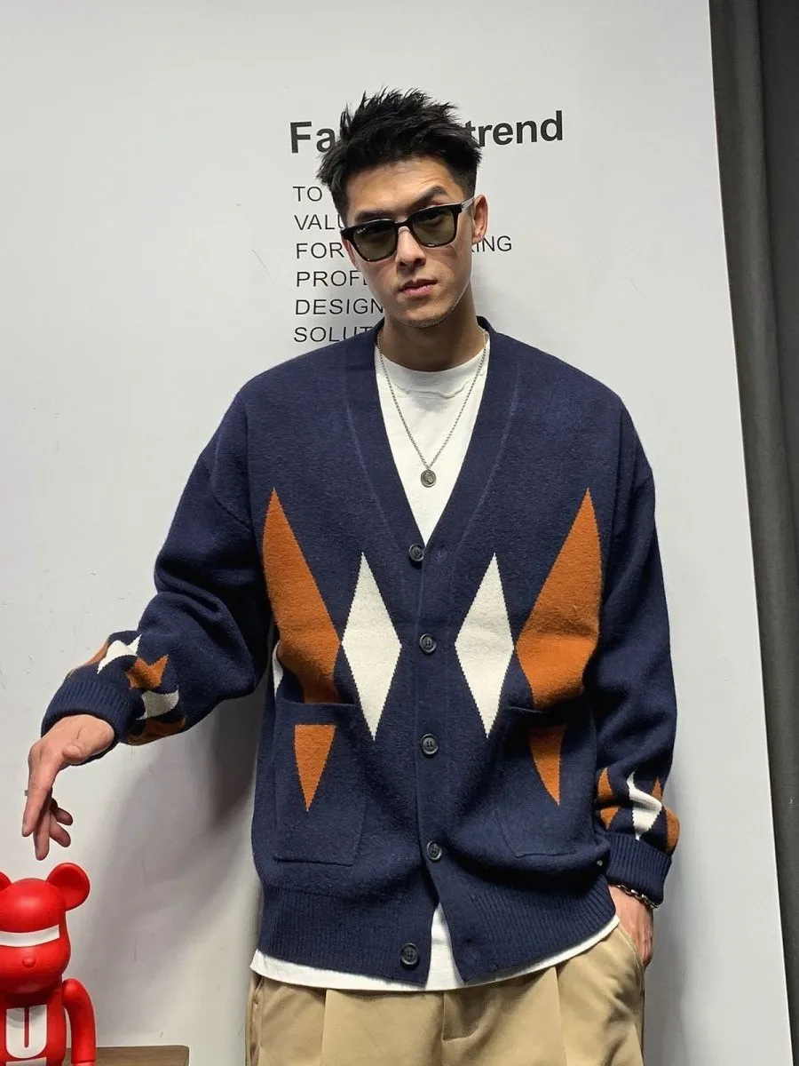 

Мужской вязаный свитер-пальто большого размера с ромбовидным узором, без воротника, весна-осень, винтажный, повседневный, в стиле лоу-эйр, верхняя одежда