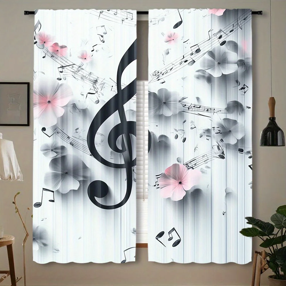 Decorative Floral Musical Treble Clef Curtains sheer window curtain panel for living room bedroom sheet music home décor gift