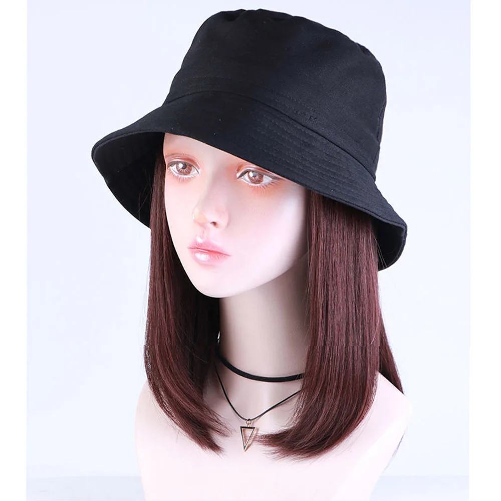 Bucket Hat Synthetic With Hair Cap Fashion Short Straight Bob Fall Autumn Hat Wigs For Women Clip On Hair Extensions