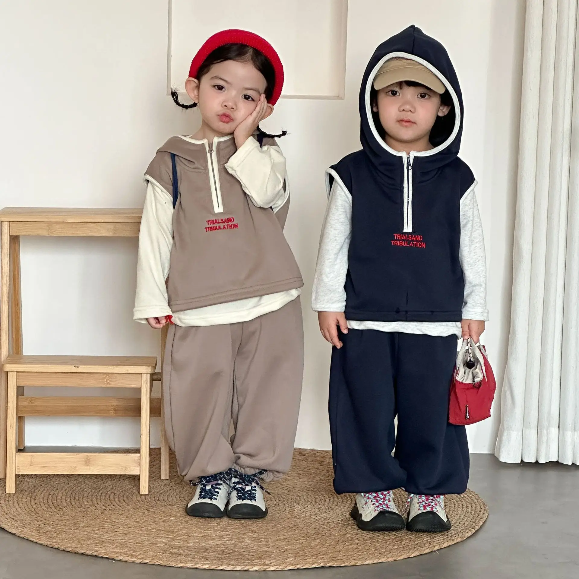 RAISE Kids Brother Sister Look Set 2026 Spring Children Girls 3PCS Tracksuit Pure Cotton Undershirt+hooded Wasitcoat+pant Outfit