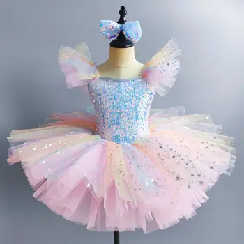 子供チュチュスカートレオタードスパンコールモダンダンスチュチュドレス女の子ジャズダンス衣装虹色子供の結婚式プリンセスドレス
