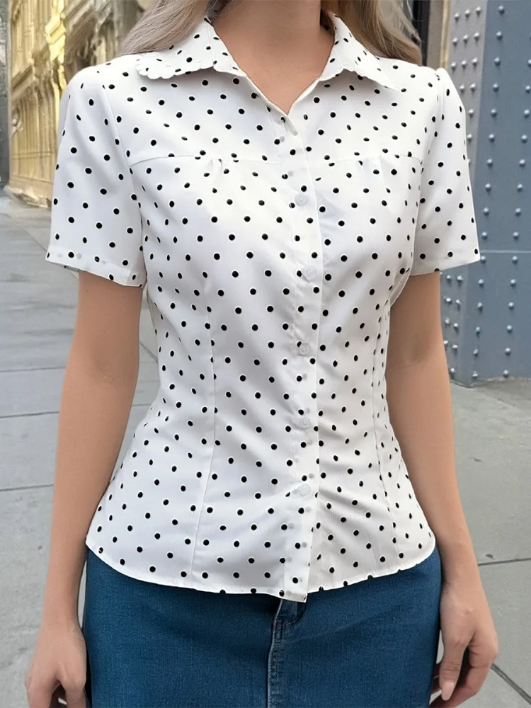 Women Polka Dot Blouse Women's T-shirts And Polos Women's T-shirt Y2K Short Sleeves Buttoned Lapel Scallop Trim Casual Tops