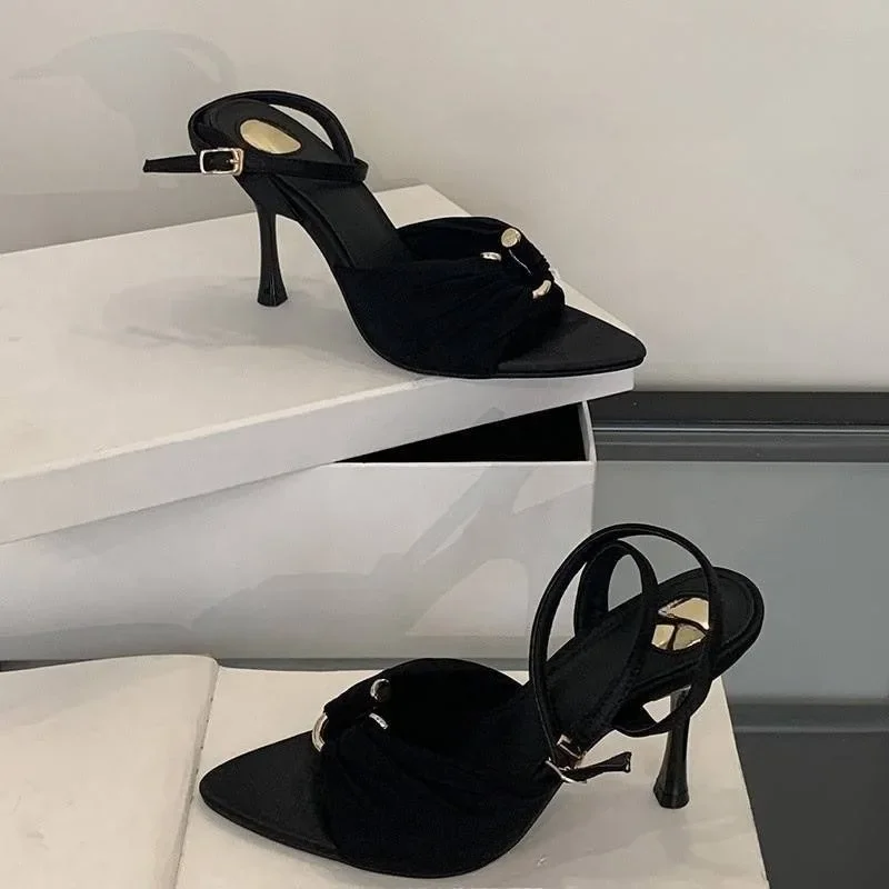 Stiletto Heels 2025 Summer New Pleated Metal Button Pointed Toe Open Toe Cool Mopping Sexy Stiletto Heel image 5