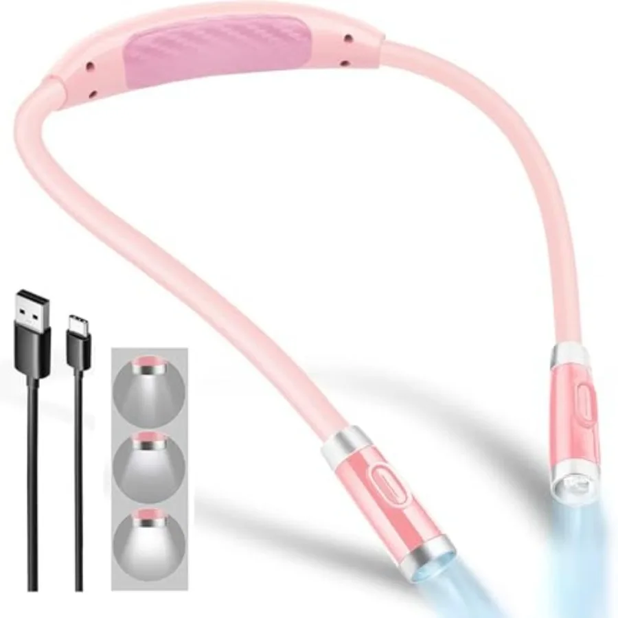 

Rechargeable Neck Light, Book Lights for Reading in Bed, 3 Brightness Levels, Flexible Soft Silicone Arms Comfortable Wear, Lon