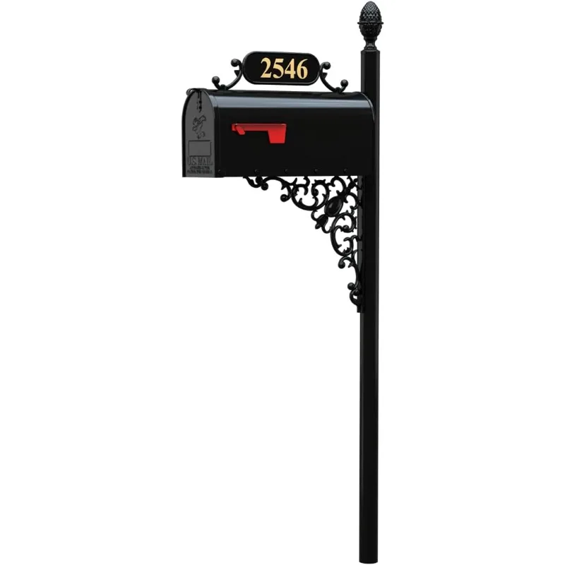 Oak Mailbox & Post Kit – Black Mailbox System – Includes Address Plaque, Bracket & Mounting Hardware – Rust Resistant