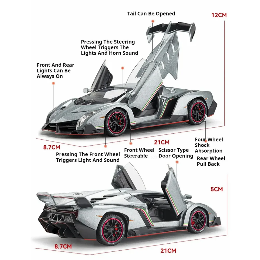 1:24 Scale Lambor Sian Veneno Toys Alloy Models Cars with Pull Back Light Music Miniature Vehicles Kids Children's Day Gifts