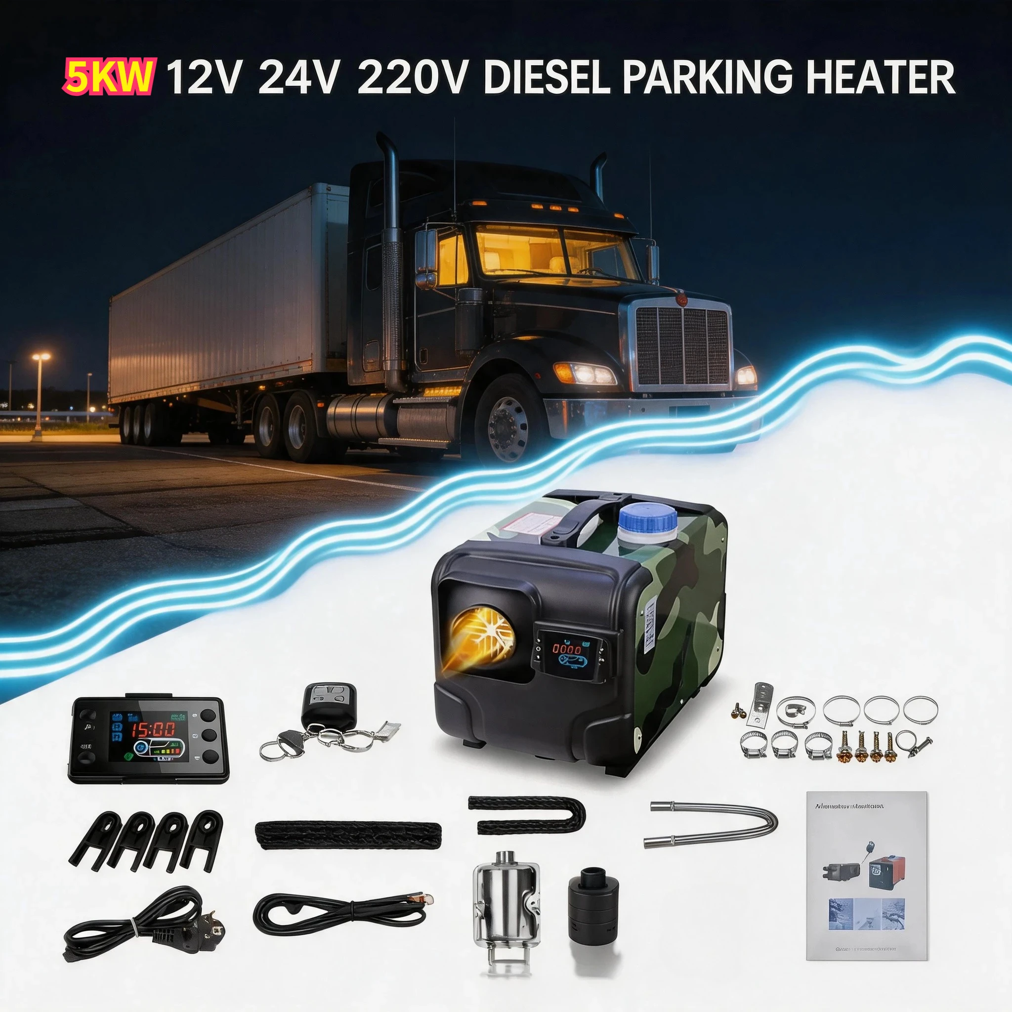 Aluminum Housing 5KW Diesel Parking Heater 12V24V220V Multi Voltage Defrosting LCD Display Wireless Remote for RV Snow Area