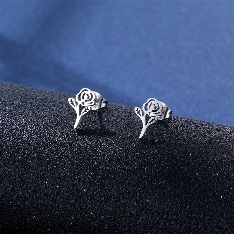 316L Fashion Rose Flower Necklace Pendant Stainless Steel Chain Jewelry Set Flower Earrings Necklace Women\'s Jewelry Gift