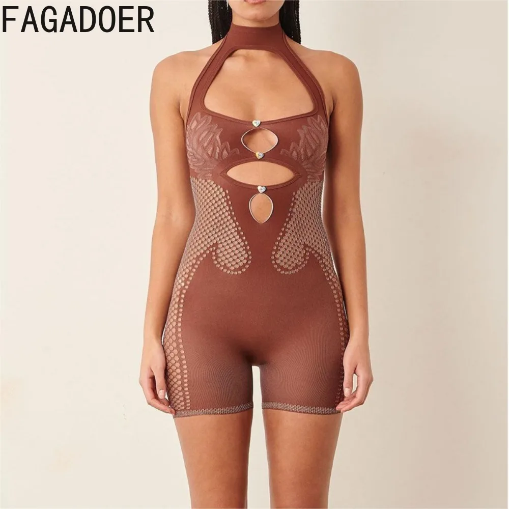 FAGADOER moda spessa pizzo maglia Hollow Halter Bodycon pagliaccetti donne senza maniche Backless Slim tute Sexy discoteca tuta