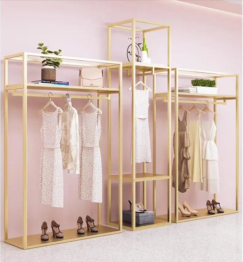 Clothing store display racks floor-standing women's clothing store special display racks clothes racks gold hangers