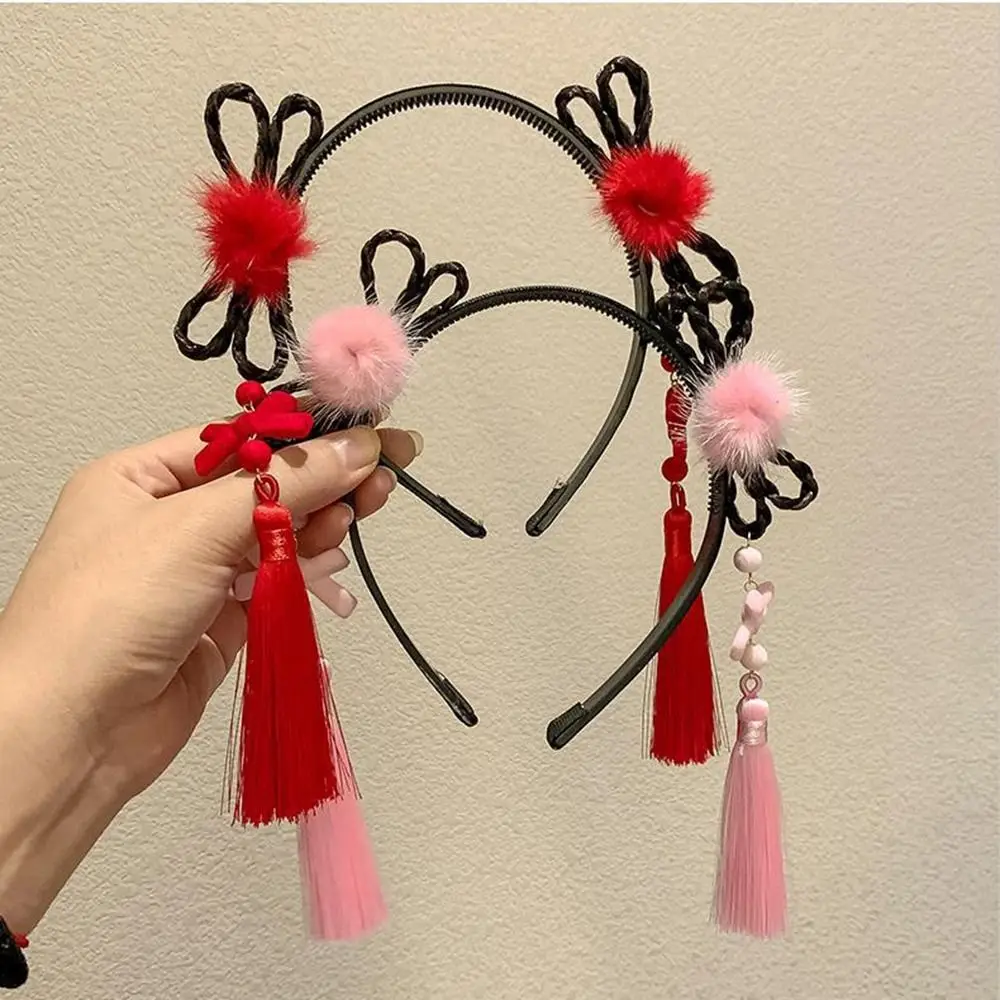 Flower Children Wig Headband Braid Hair Tang Suit Hair Hoop Chinese New Year Headwear Ancient Style Red Bow Hairband Girls
