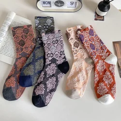 5 Pair Streetwear Accessories Women Socks Geometric Patterns Cute Long Socks Woman Middle Tube Sweet Flower Print Korean Style