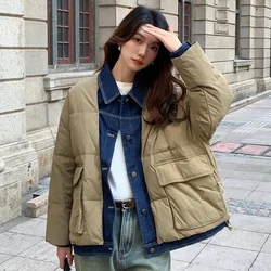 Chic Denim Patchwork Parkas Winter Women's Clothing Warm Design Long Sleeve Single-breasted Coats Cotton-padded Jacket Windproof