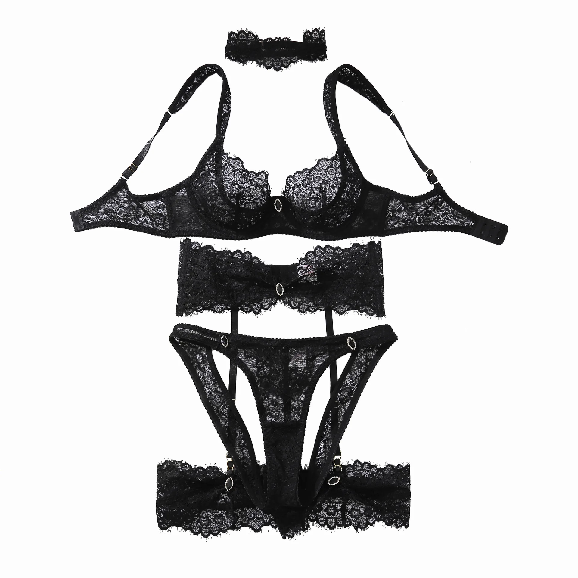 Новый кружевной комплект сексуального нижнего белья с открытой спиной и соблазнительным шармом, комплект из пяти предметов со стальным кольцом, нижнее белье