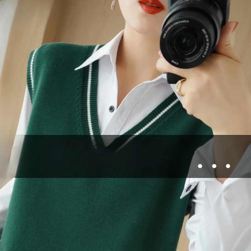 

Women's V-Ne Color Blo Svel Loose Knitted Vest Autumn Winter New Sle College Sle Faionable Casual Sweater