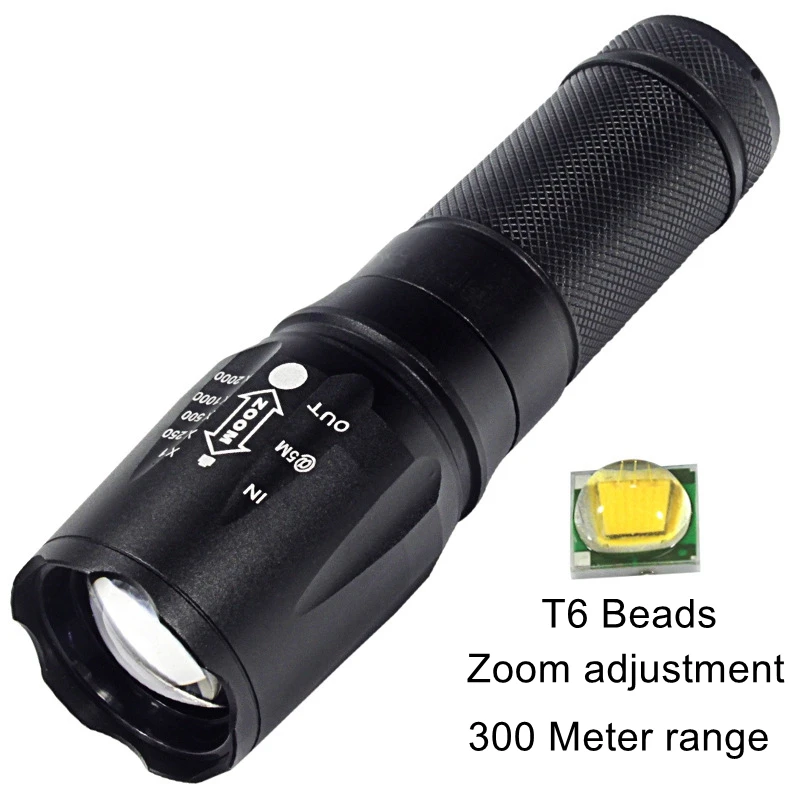 

ReadStar T9052 T6 beads Flashlight 300 meter long range Zoom adjustable Gift box 18650 or 26650 battery & charger include