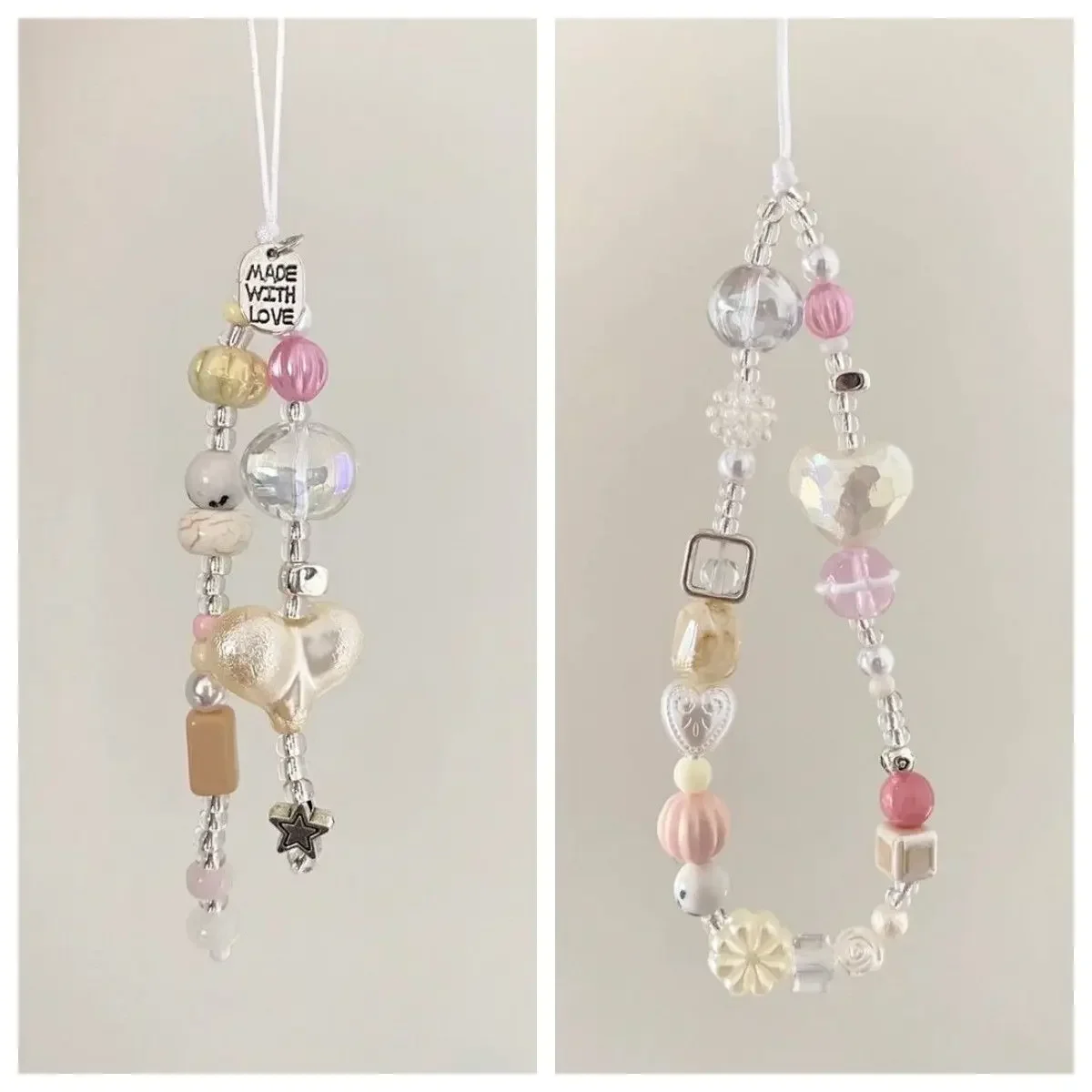 Pink Art Phone Charms Strap Lanyard Cute Lovely Bead Pendant Chain For iPhone Camera Books Airpods Handmade Customized Case