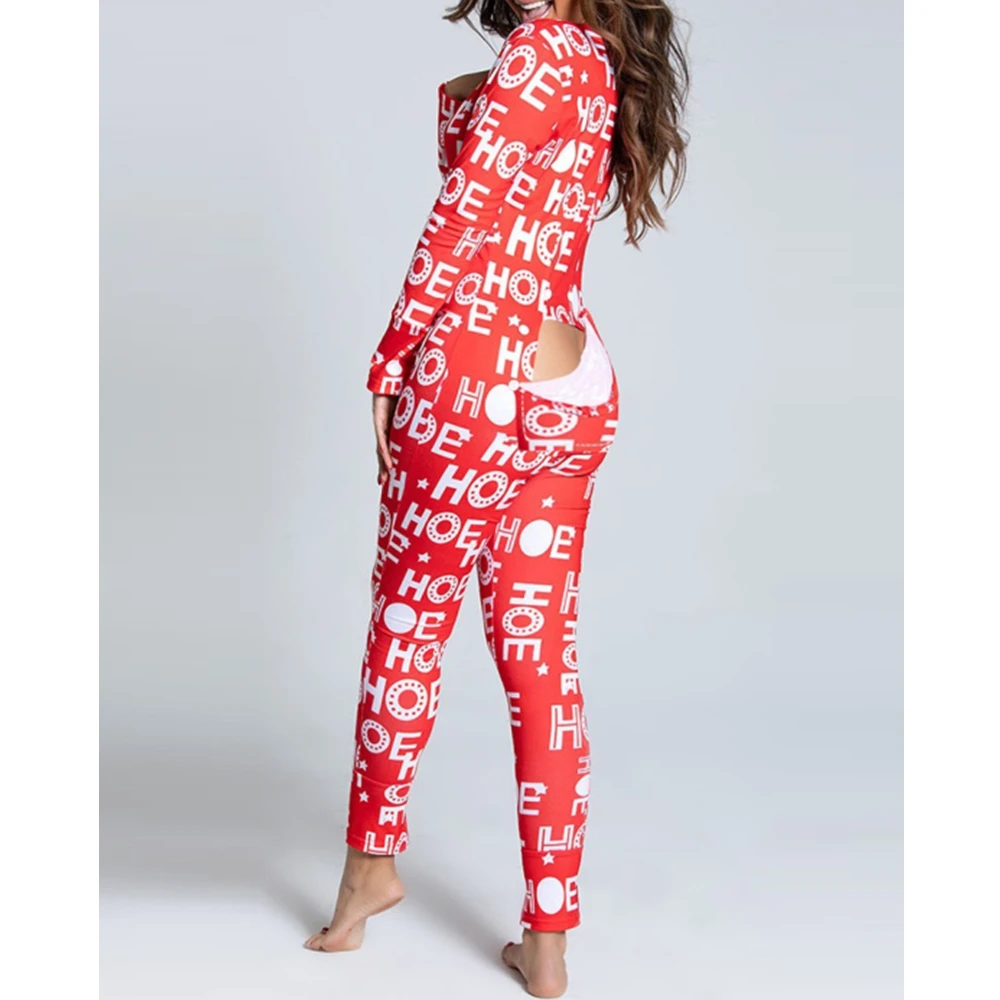 Sexy Pyjama Women\'s Jumpsuit Suit Button-down Front Back Butt Bum Open Ass Flap Jumpsuit 2023 Christmas Onesies Print Outfit