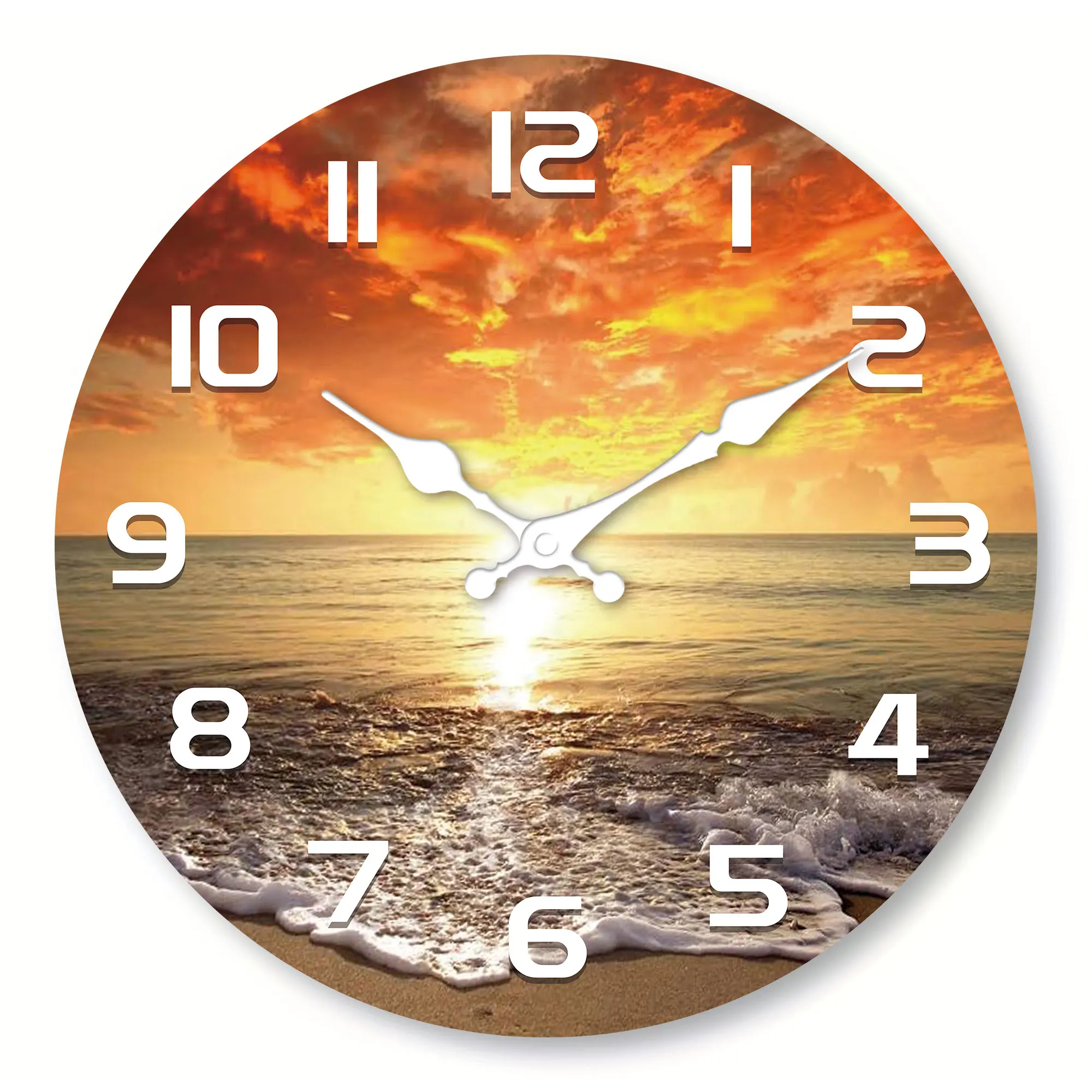 1pc Beach decorative wall clock, Sea, beach, neon, sunset design wall clock, wooden silent clock, Living Room bedroom, Room deco