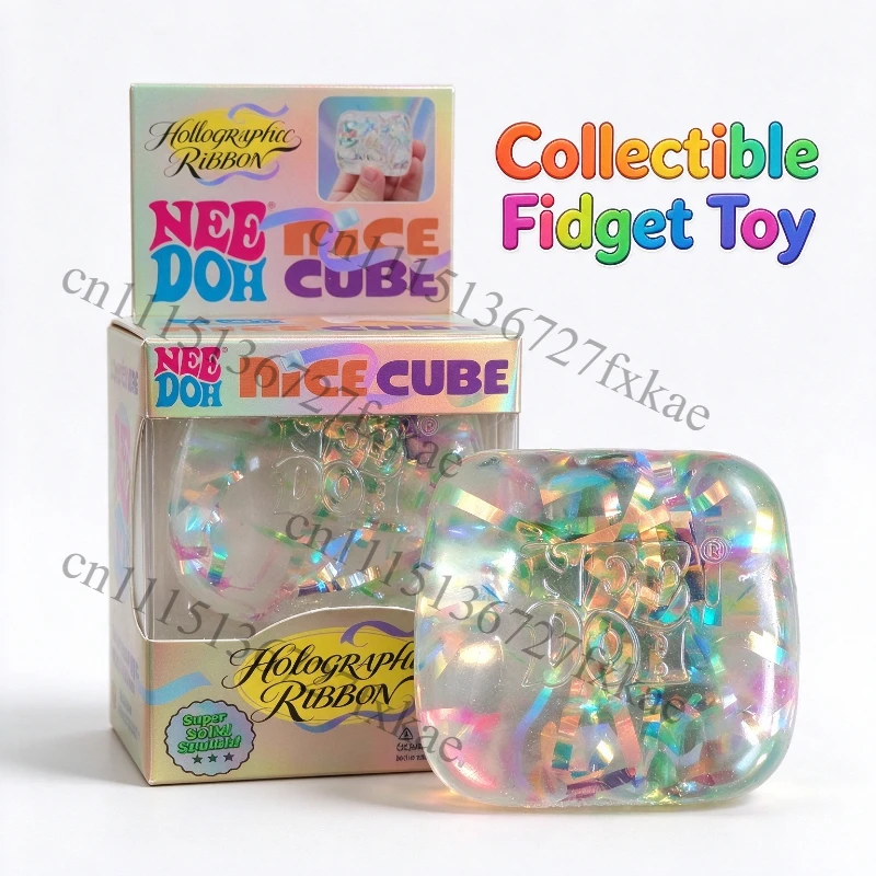Nee Doh Nice Cube Fidget Toy, Holographic Ribbon Squishy Stress Ball, Solid Squeeze Sensory Toy, Anxiety Relief Fidget Gift.