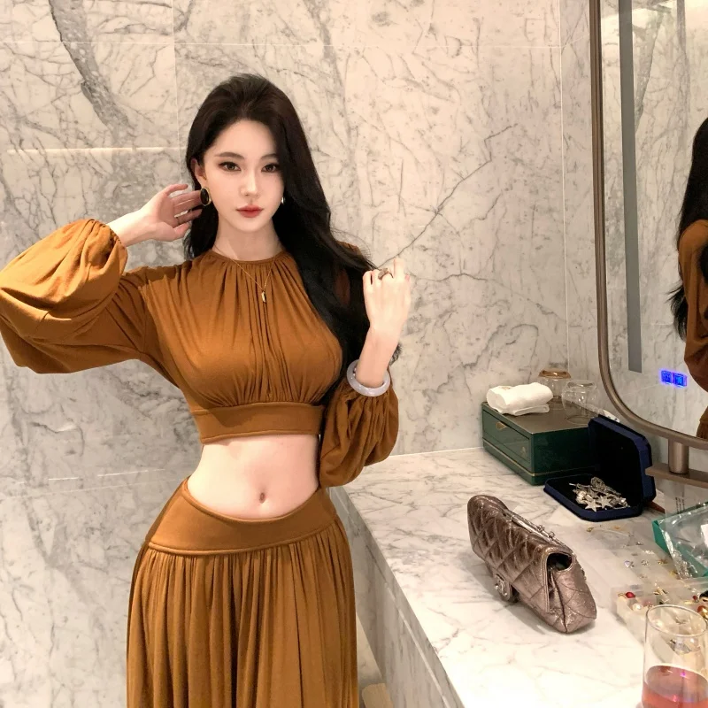 

Desert Travel Short Batwing Sleeve Caramel Color Top And Skirt Set Women's Fashion Elegant Style Semi-Fitted round Neck ...