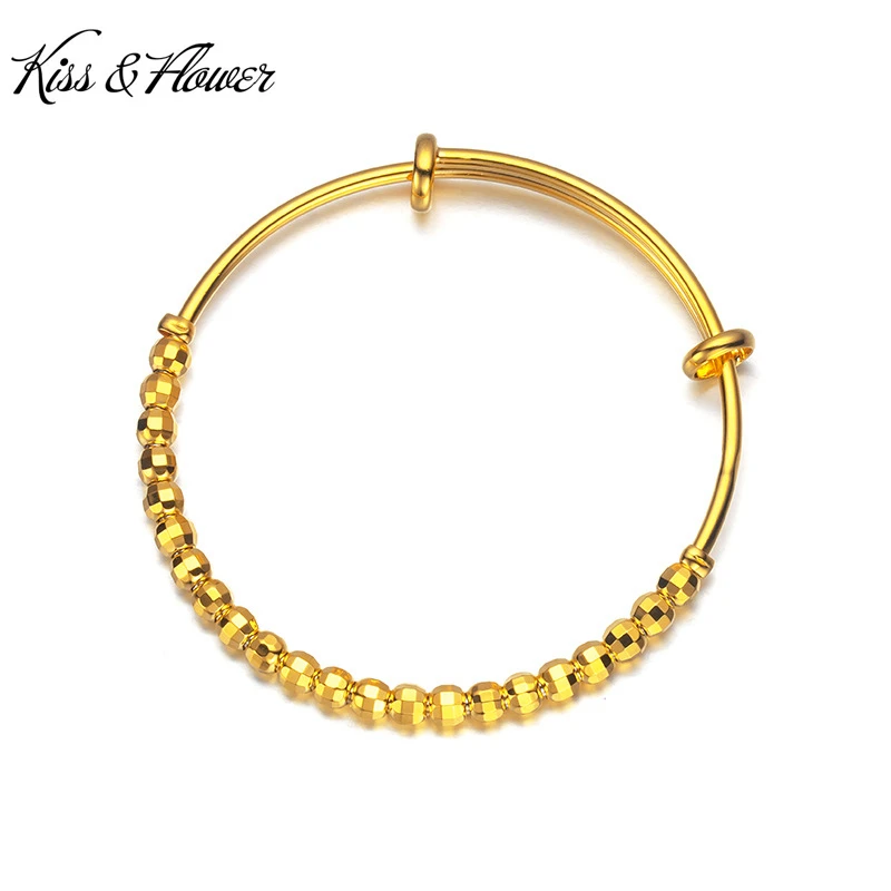 KISS&FLOWER Gold Shiny Laser Bead Bracelet Bangle For Women Birthday Wedding Party Christmas Bride Mother Girl Ladies Gift BR288