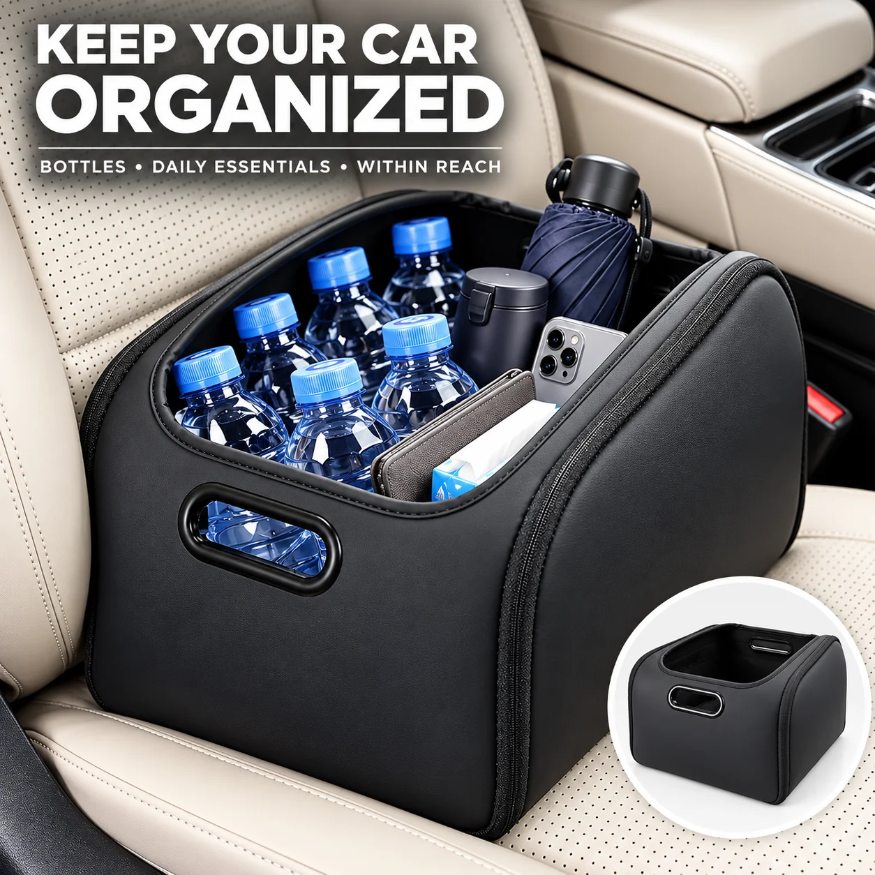 SEAMETAL Car Seat Organizer Large Capacity Portable PU Leather Storage Bag with Zipper Side Opening Wear-Resistant Car Accessory