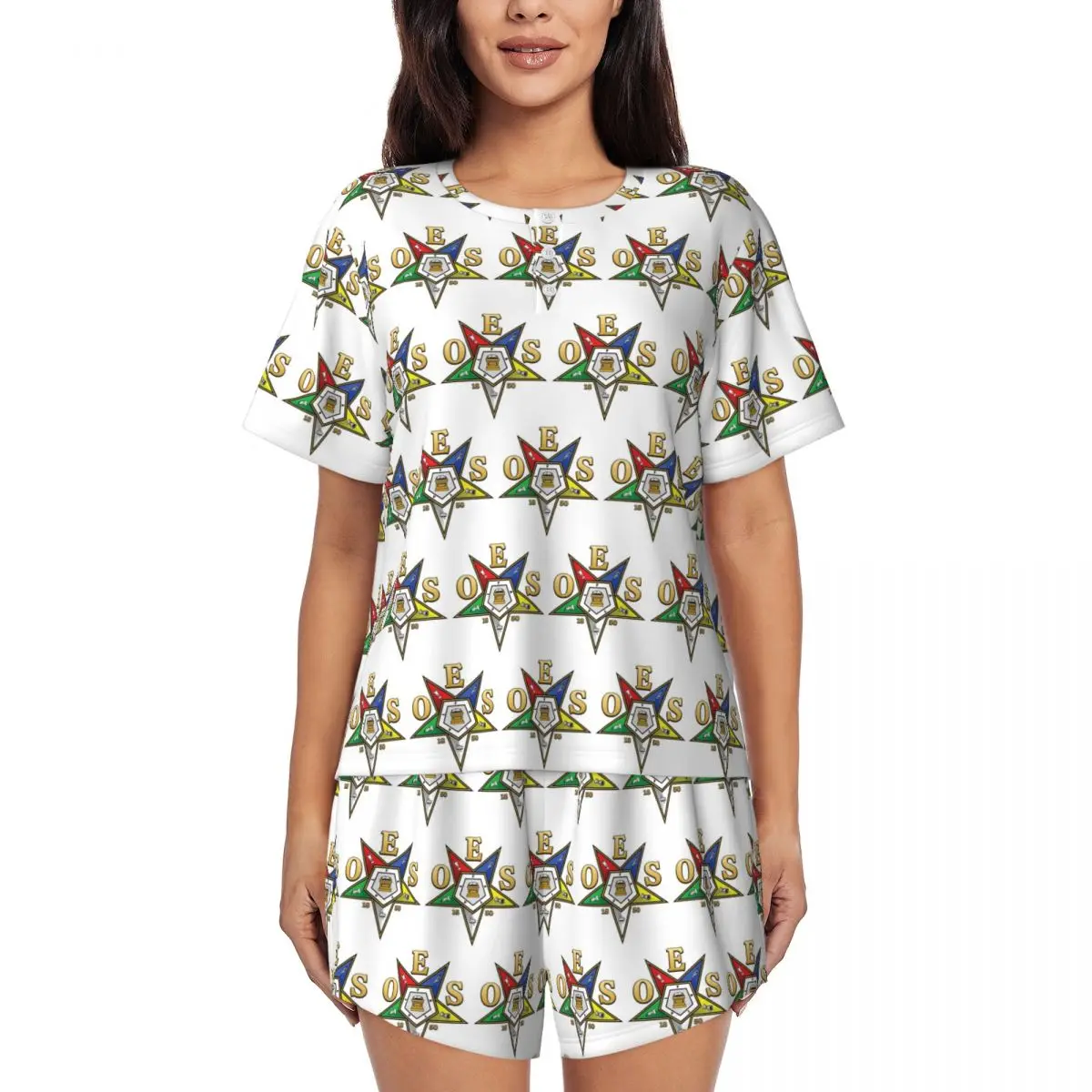 

Order Of The Eastern Star Logo OES Round Neck Short Sleeve Nightgowns for Sleeping Sleepshirts Women Soft Pajama Set Short Pants