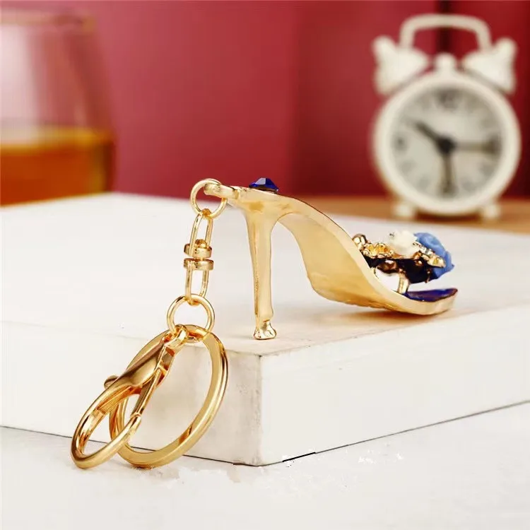 Creative fashion rose high heels car key chain upscale inlaid zircon sandals bag keychain for women pendant gift.