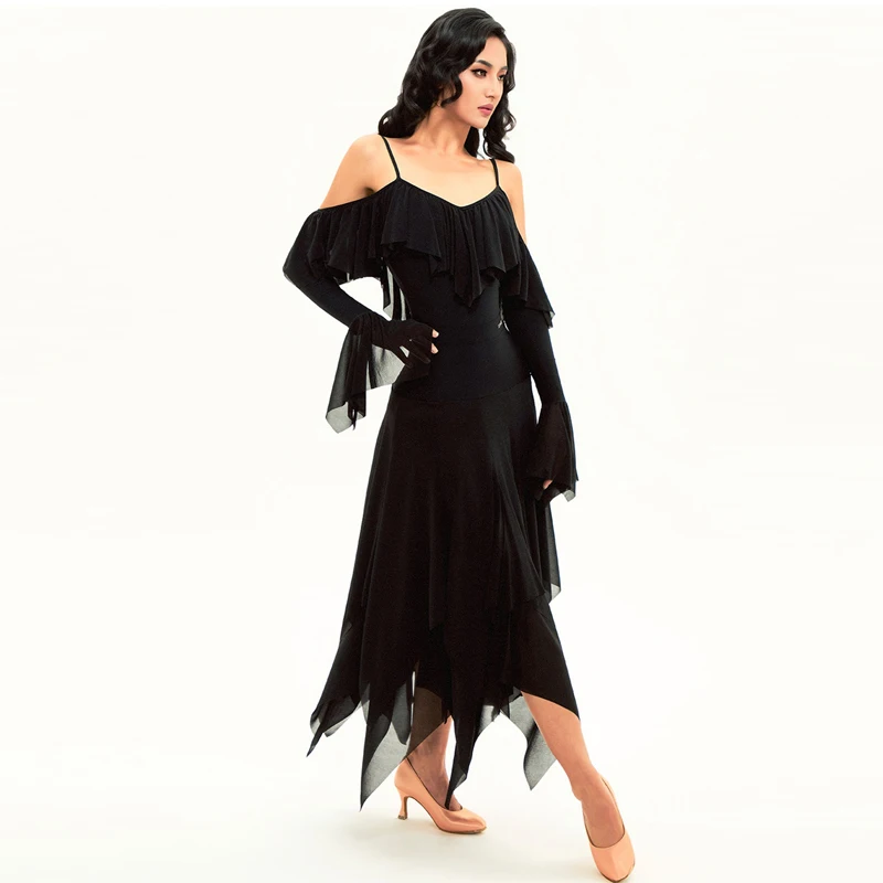 

Женская одежда для современных танцев, топ для латинских танцев с рюшами, нерегулярные юбки, костюмы для соревнований по бальным танцам для взрослых, сценическая одежда SL13726