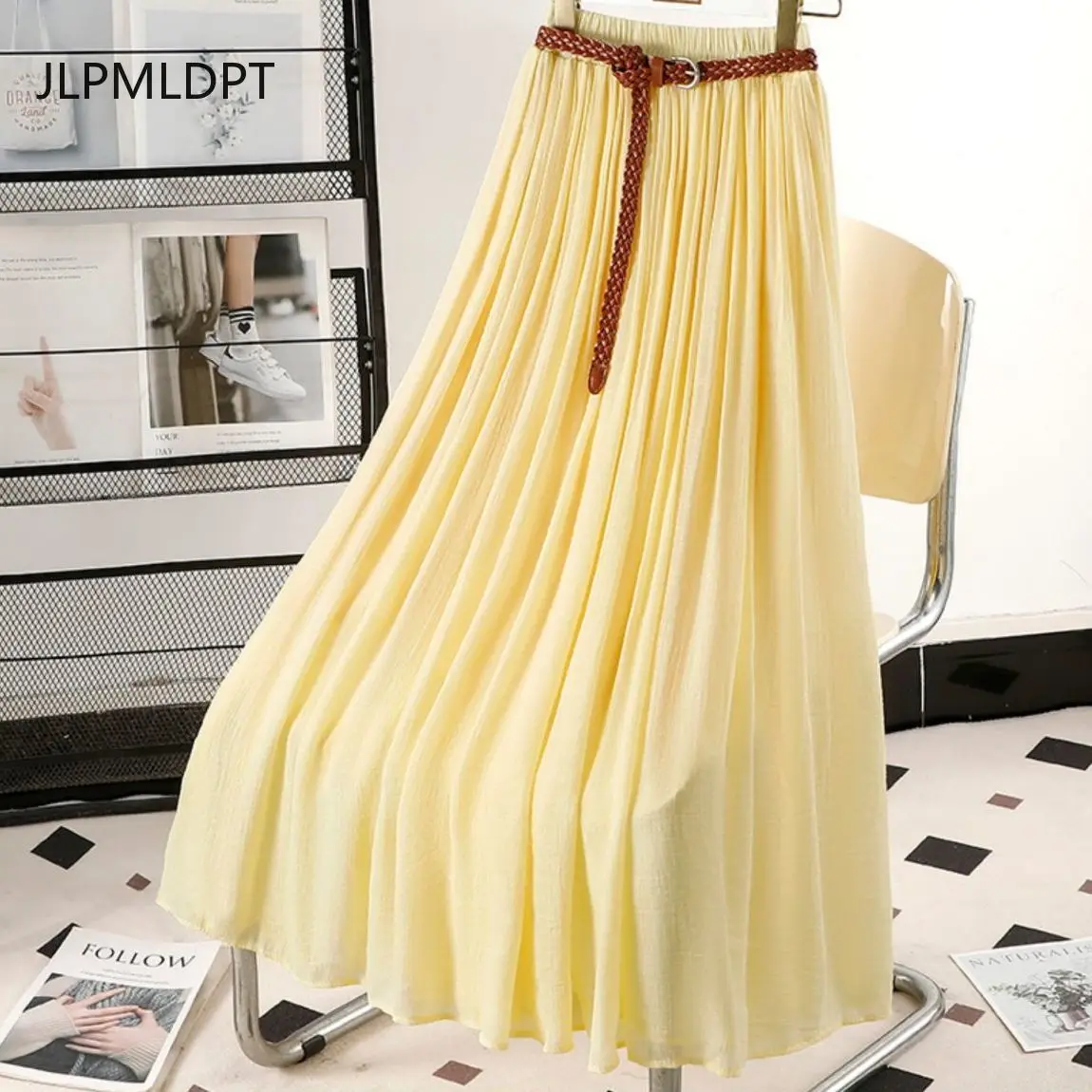 

French retro yellow cotton and linen skirt women's 2025 summer new high waist thin medium and long a word pleated umbrella skirt