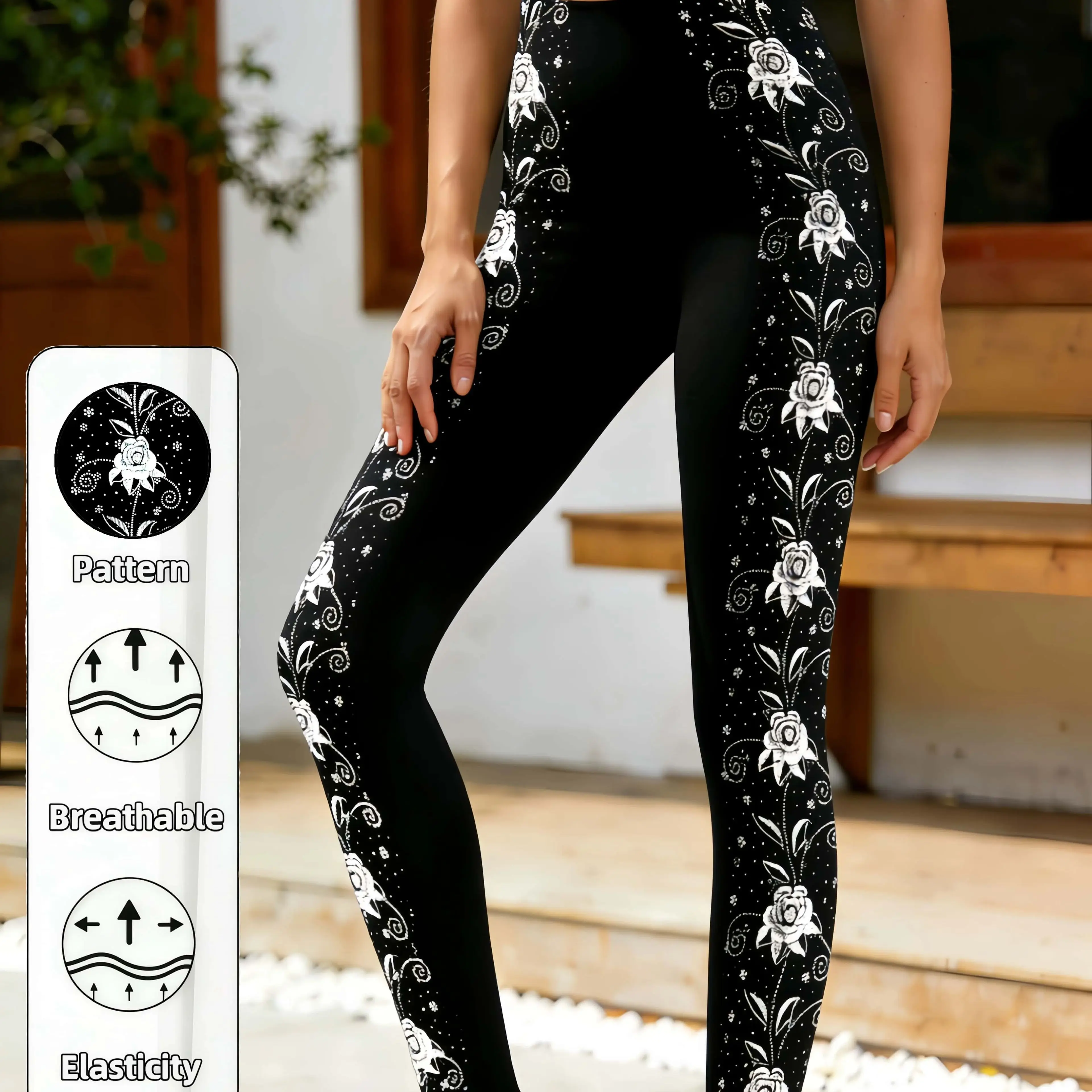 Women's Side Rose Print Cropped Knit Leggings Elegant Fashion Comfortable High Waist Stretchy Footed Stirrup Pants For Daily
