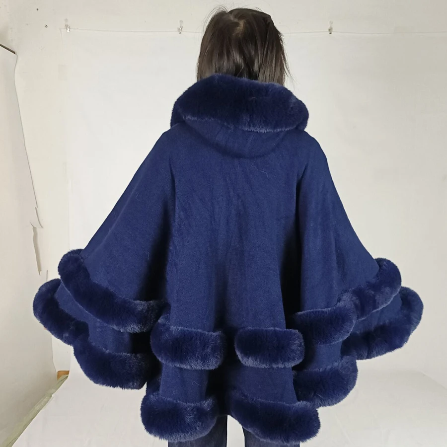 Double Layer Luxury Imitated Rex Rabbit Fur Cape Coat Hooded Shawl Winter Women Knit Poncho Overcoat Faux Fur Wraps Big