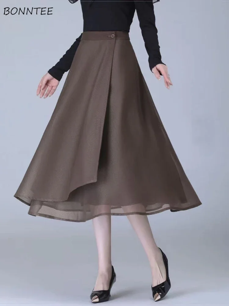 

Midi Irregular Skirts Women Gentle Mesh One Piece Design High Waist Casual Fashion Literary French Style Soft Falda Aesthetic