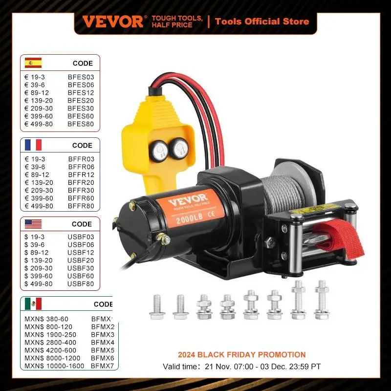 VEVOR Treuil Électrique 12 V 2000 lb 907 kg avec Télécommande Filaire 1,8 m Treuil à Câble en Acier