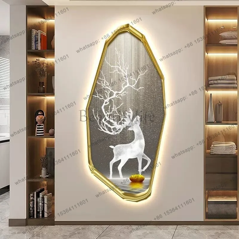 Modern light luxury entrance decoration painting with lights, elk living room aisle, high-end hanging painting