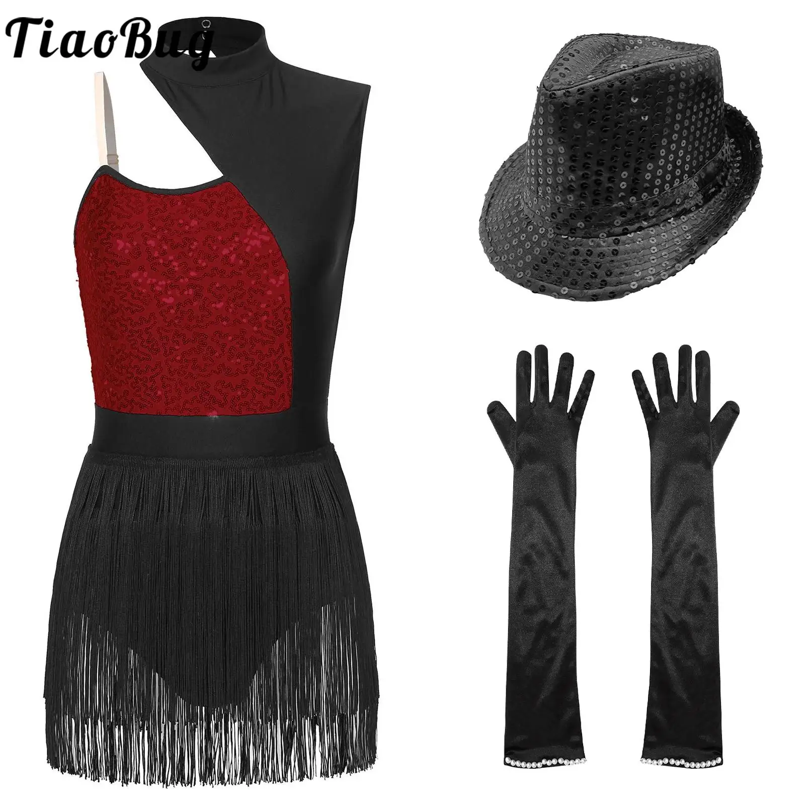 

Women Latin Dance Dresses Jazz Salsa Tango Dance Outfit Leotards Fringed Dress with Gloves Hat Ballroom Performance Costumes