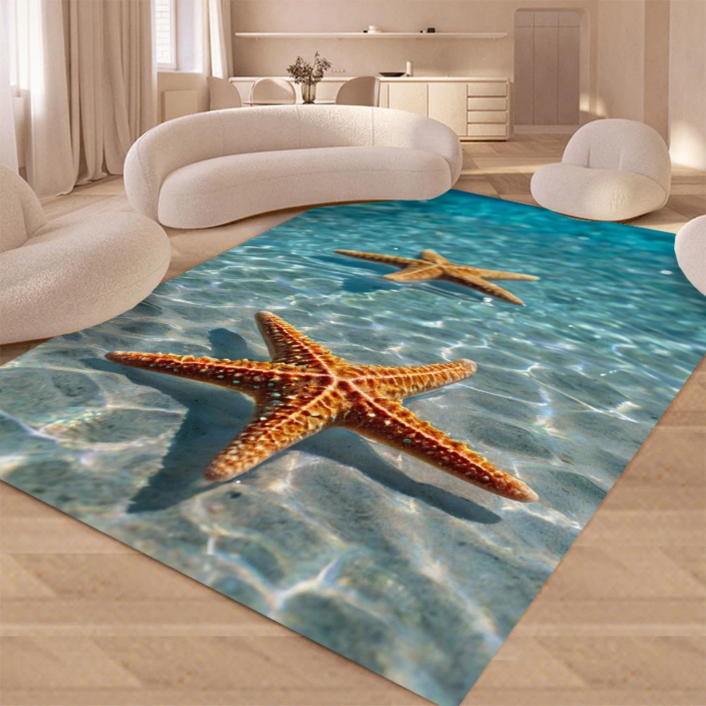 Starfish Beach Shell Sea Star Sand Carpet Rug for Living Room Bedroom Home Sofa Decoration, Play Non-slip Floor Mat