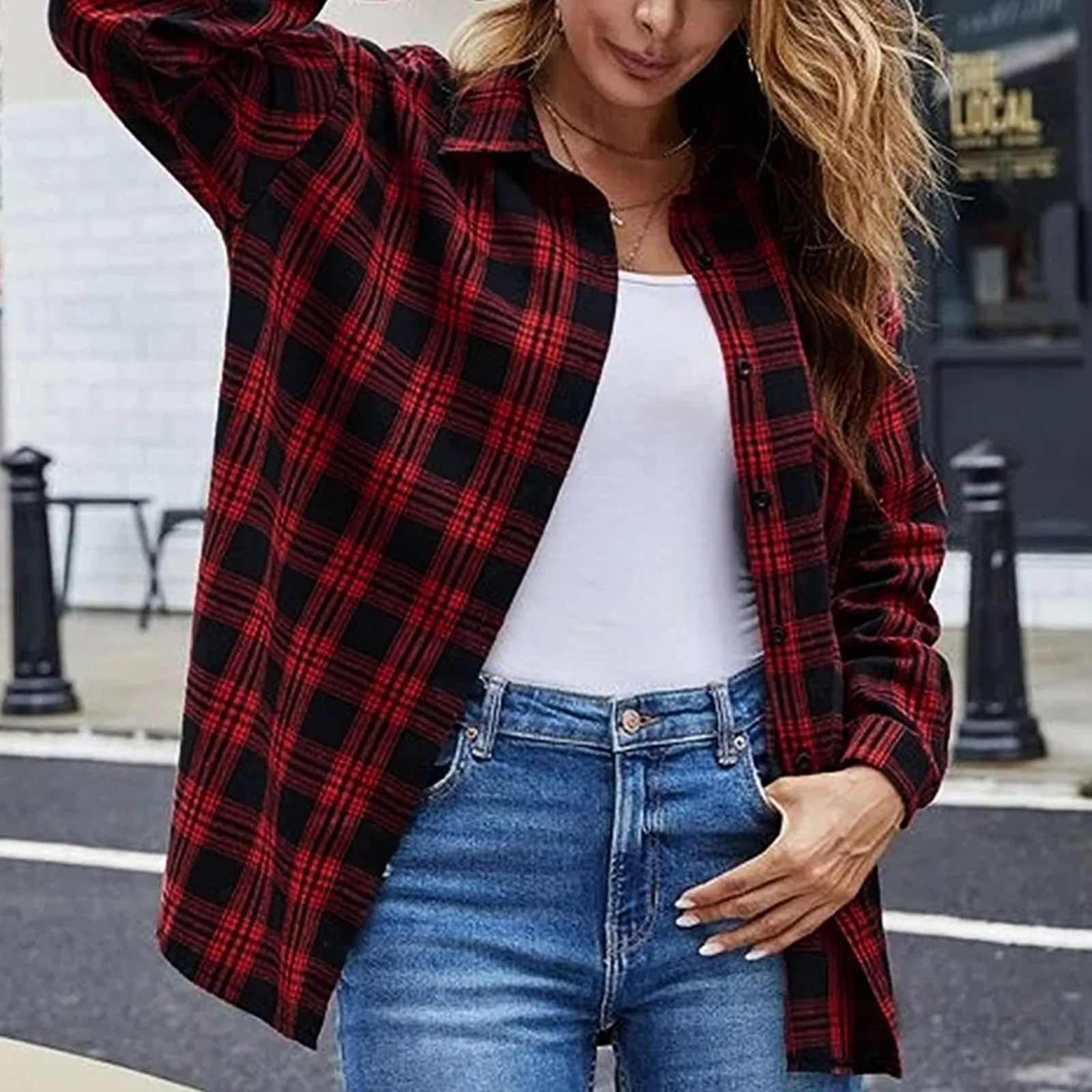 Female Shirt Casual Plaid Retro Jacket Button Down Long Sleeve Fall Shirt Coat Tops Oversized Women Autumn Trendy Lapel Cardigan