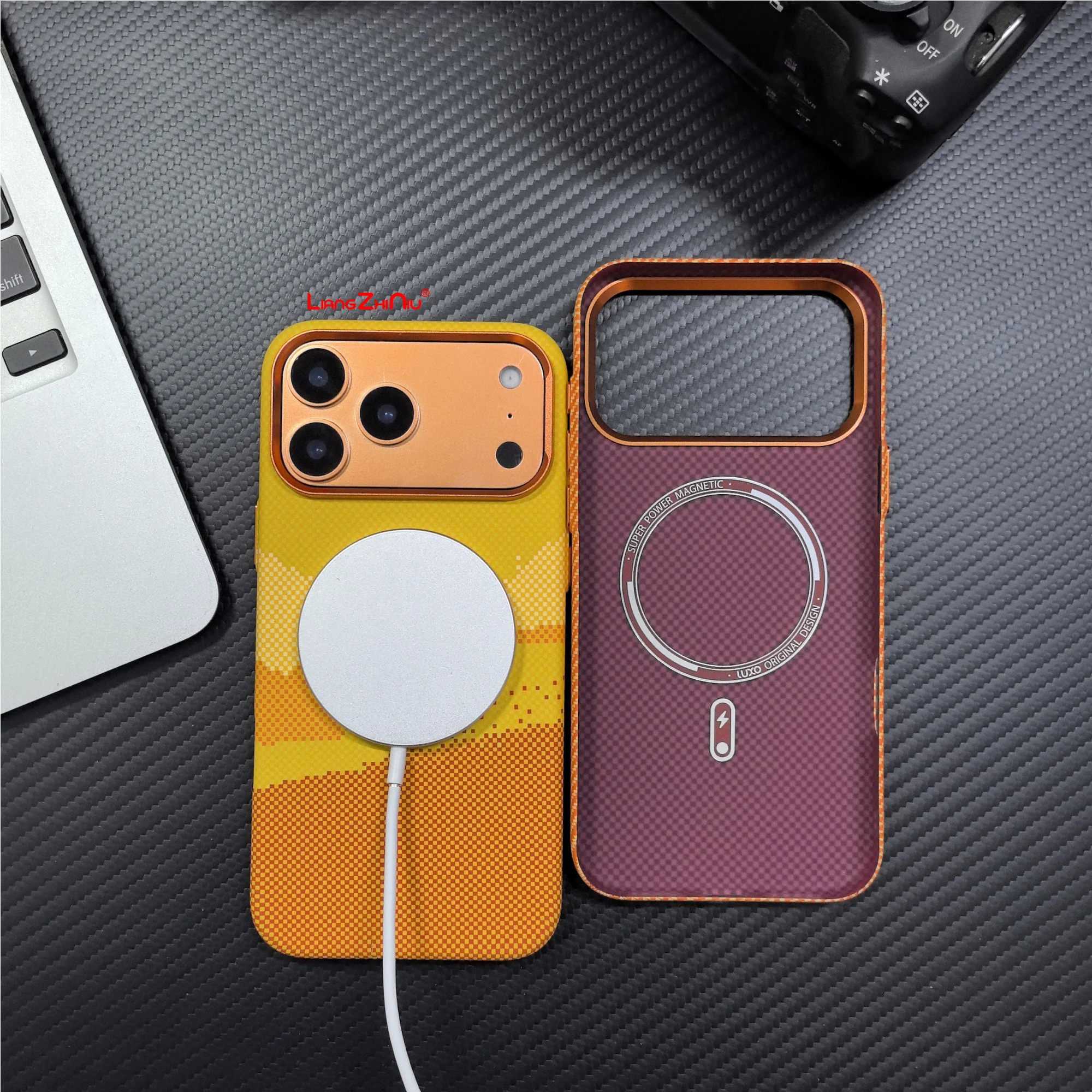 For Iphone 17 Pro Max Magnetic Phone Case Orange Carbon Fiber Textured For Iphone 17 Pro Lightweight Shockproof Pc Hard Cover