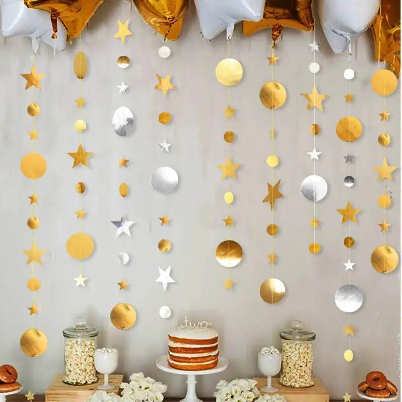 Mirror Sequin Garland Paper Star Round Party Birthday Wedding Decoration Household DIY Supplies Decor