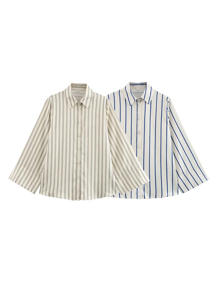 

ZAJIA 2025 new women's European and American style wide sleeve striped versatile lapel drape temperament shirt