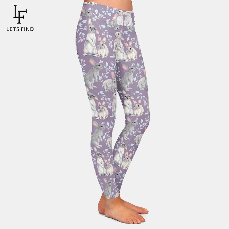 LETSFIND 2021 Spring Easter Rabbits and Willow Print Women Casual Leggings High Waist Stretch Girls Leggings