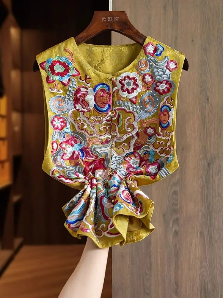 Satin Silk Embroidered Vest Women Chinese Style Vintage Vest Sleeveless Retro Tops Female Autumn New Fashion