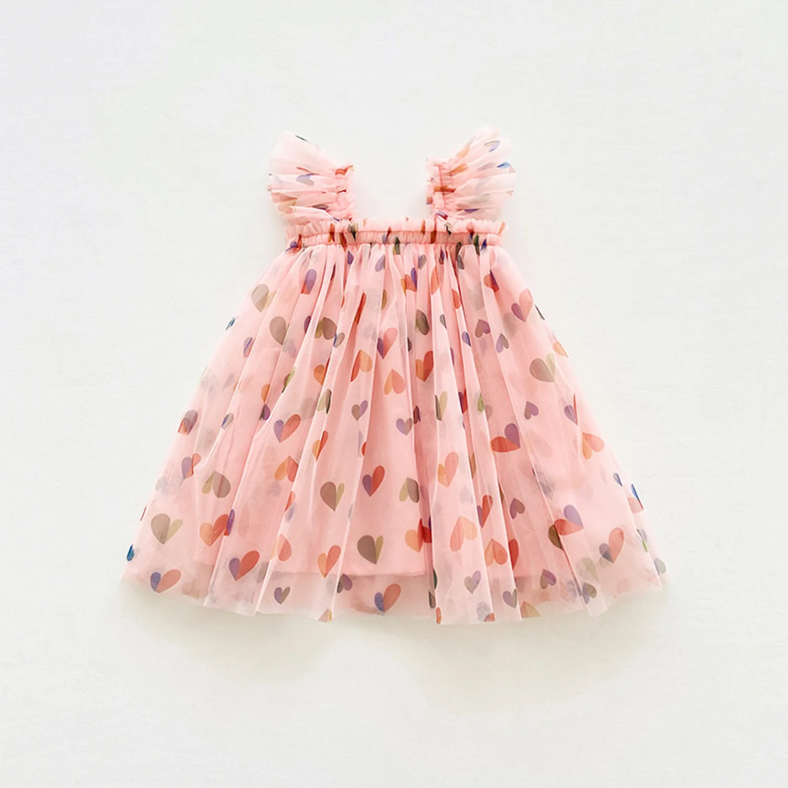 Toddler Girls Fly Sleeve Heart Prints Tulle Dress Dance Party Princess Dresses Clothes Flower Girl Dresses Infant