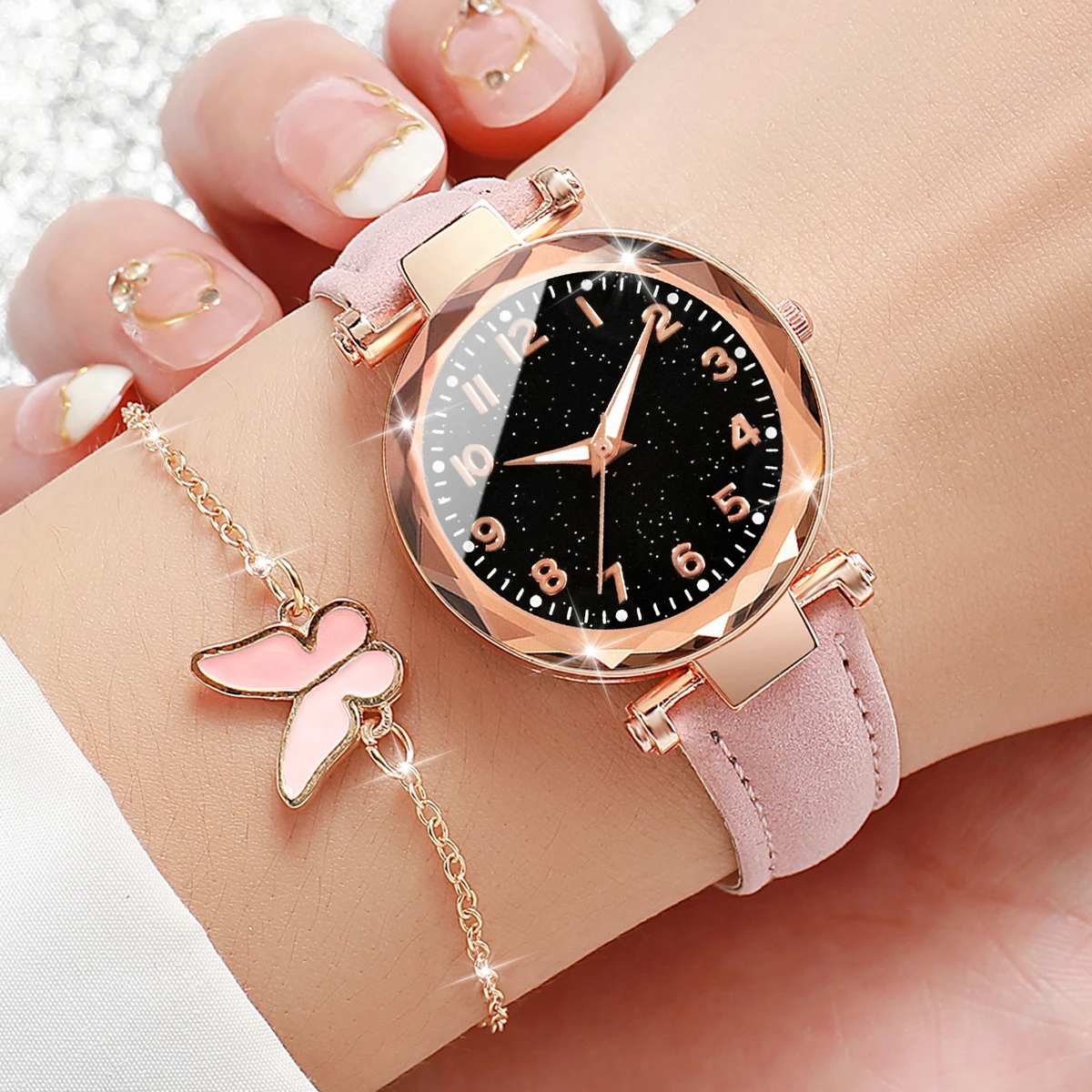 6pcs/set Women Pink Leather Strap Quartz Watch with Butterfly Jewelry Set